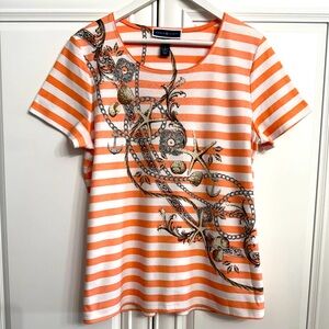 Karen Scott Large Orange/White Striped Short Sleeve Tee Nautical Theme w/Beads